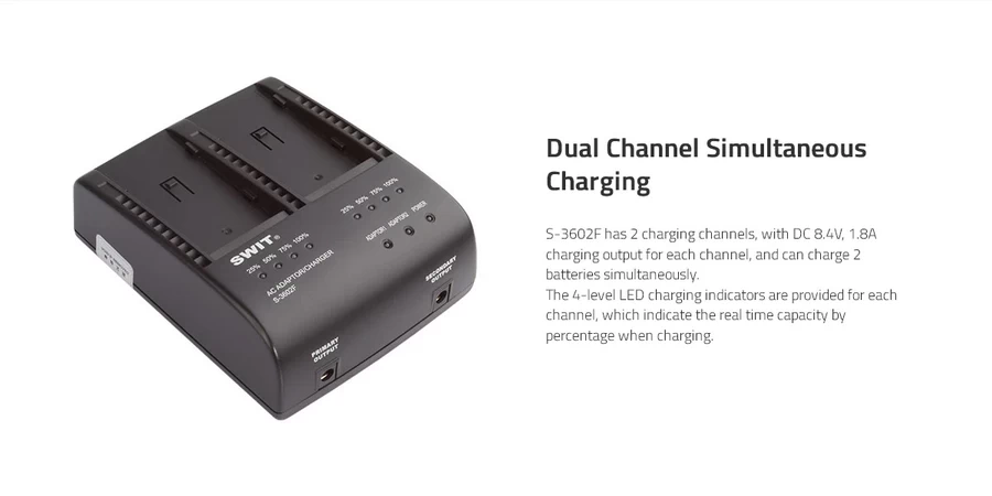 SWIT S-3602F 2-ch SONY NP-F Charger and Adaptor-Des2