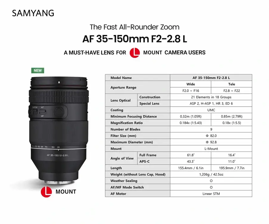 Samyang AF 35-150mm F2-2.8 Full Frame For L Mount-Des1